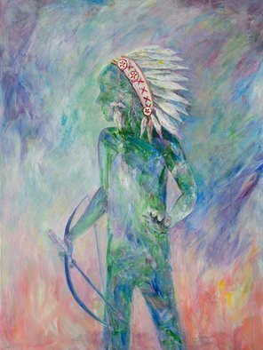 Caren Keyser, 'The Boy Who Would Be Chief', 2018, original Painting Acrylic, 362 x 48  x 1.5 cm. Artwork description: 2703 This large painting silhouettes a boy in an indian headress holding a bow and arrow.  Loose brushwork surrounds him and is him. ...