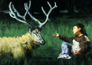Lucille Coleman, 'Deer Talk', 2003, original Painting Oil, 18 x 24  x 3 inches. Artwork description: 1911 A whimsical painting whose fantasy theme is a deer indulging a loquacious child.A(c) 2003 Lucille Coleman...