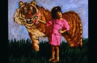 Lucille Coleman, 'Tiger Talk', 2003, original Painting Oil, 18 x 24  x 1 inches. Artwork description: 1911 A whimsical painting whose theme is the fantasy life of a child.A(c) 2003 Lucille Coleman...