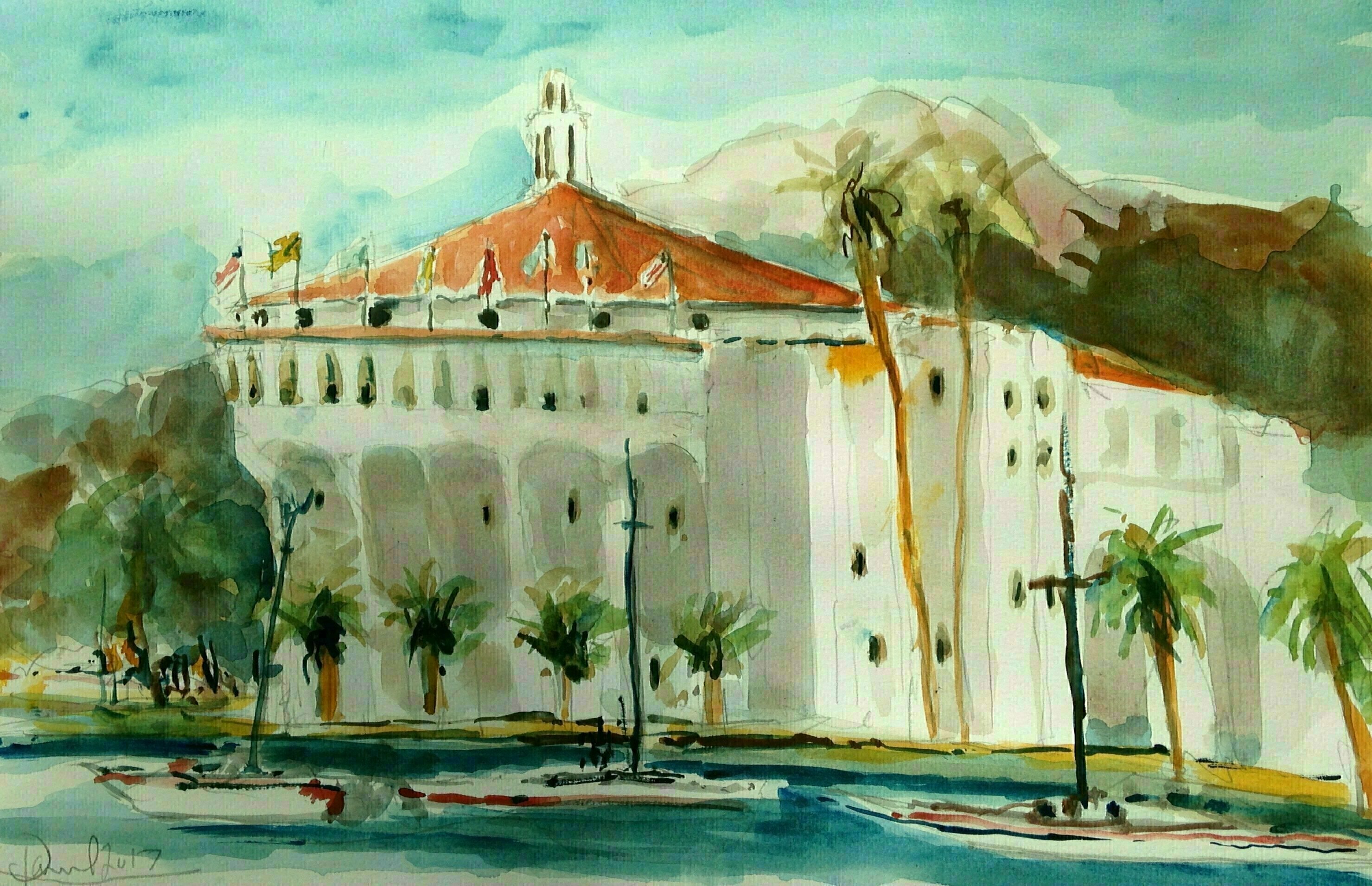Daniel Clarke, 'Casino View', 2017, original Watercolor, 18 x 12  x 0.1 inches. Artwork description: 3099 Santa Catalina Island Avalon Casino View bright sunny afternoon ...