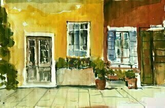 Daniel Clarke, 'Doors And Windows Majorca', 2020, original Watercolor, 22 x 15  x 0.1 inches. Artwork description: 3099 The woman in the hotel poolswam in steady lengths,mindless of the Mediterranean,the yellow sun on harbor walls,the dance of docked white yachts.Mindless as well of my gin and tonic,or Robert Graves, buriedin the thick crust of Deya.Her blond hair ...