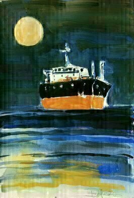 Daniel Clarke, 'Midnight Underweigh', 2020, original Watercolor, 12 x 18  x 0.1 inches. Artwork description: 2703 Underweigh the ship moves through the inky waters with the full moon to guide its way.   Watercolor on watercolor paper. ...