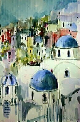 Daniel Clarke, 'Oia Greece', 2017, original Watercolor, 12 x 18  x 0.1 inches. Artwork description: 5475 Oia, Greece covers the whole island of Therasia and the northwestern most part of Santorini, which it shares with the municipal unit of Santorini. Oia reached the peak of prosperity in the late 19th and early 20th centuries. Its economic prosperity was based on its merchant fleet, ...