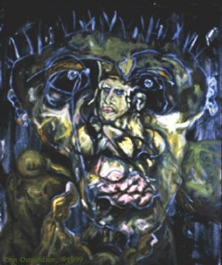 Dan Osmundson; Woman In His Head, 1991, Original Painting Oil, 36 x 48 inches. Artwork description: 241 This piece on the stretcher is about 10 pounds.  It would probably be less than half of that weight if taken off the stretcher and rolled.  Ill include the shipping price, if you decide to have it rolled, as crating a stretched piece is quite a chore. ...