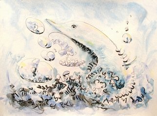 Dave Martsolf, 'Dolphin', 2007, original Watercolor, 7 x 5  inches. Artwork description: 6663  This dolphin grew out of a fluid water feeling as I began to play with quickly drawn circles and spheres that opened out into surging water splashes, which then suddenly saw a form rise through and become the progenitor of all the energy - a dolphin in the ...
