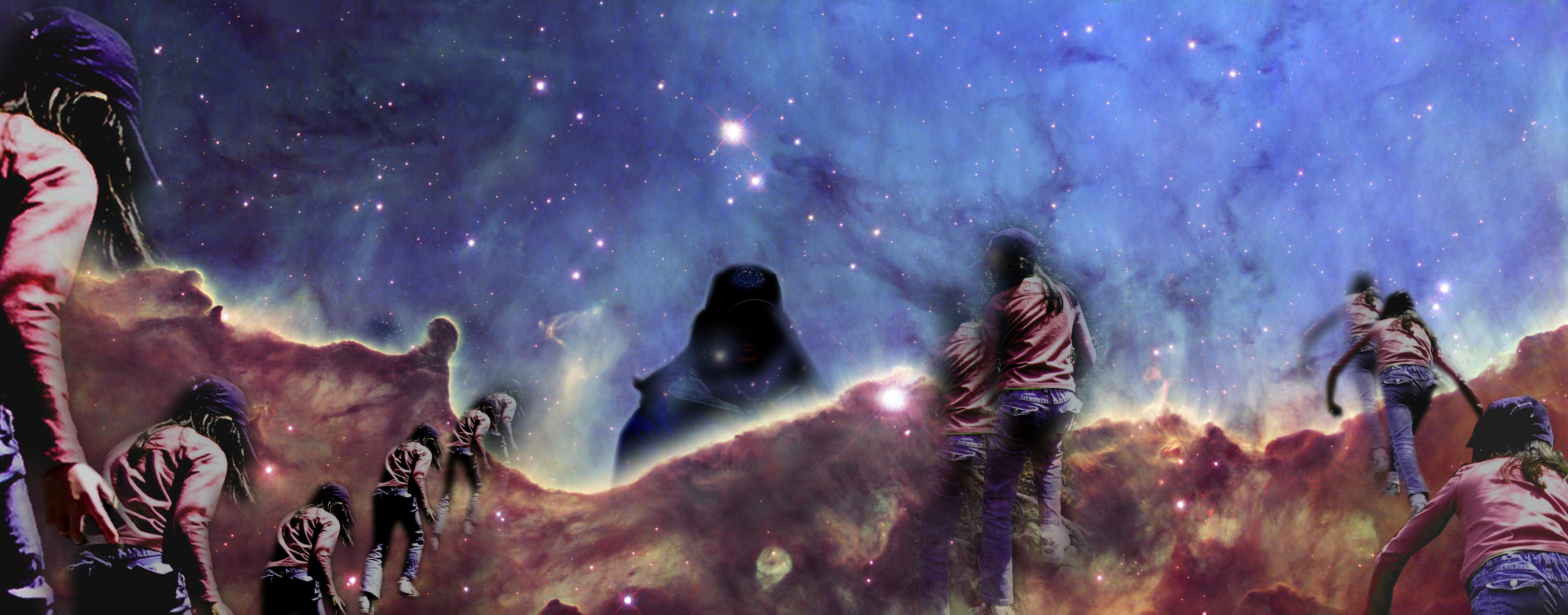 Dave Martsolf, 'Emilys Ridge Walk', 2009, original Digital Art, 84 x 33  inches. Artwork description: 6267  The background image was taken by the Hubble Space Telescope. The images of Emily were taken during a hike up a mountain in New Hampshire. The gaseous nebula reminded me of those mountains.The offered print is on canvas and will ship rolled in a tube. ...