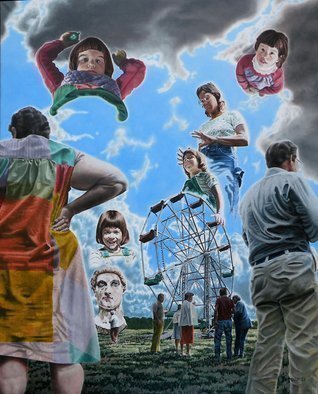 Dave Martsolf, 'Ferris Wheel', 1983, original Painting Oil, 47 x 58  x 2 inches. Artwork description: 5871 The Ferris wheel is a metaphor for the ups and downs of life.  Here a mother protects and nurtures the child as though to keep her on the top of the world.  martsolf, oil, painting, sureal, surrealism, surrealistic, ferris, wheel, people, figurative, statue, bust, mother, woman, child...