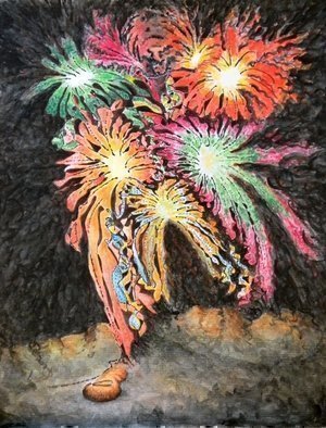Dave Martsolf, 'Fireworks Man', 2010, original Watercolor, 11 x 8.5  inches. Artwork description: 5871  These fireworks frame a hidden spirit that moves forcefully over the Earth.  He is actually nothing, but like all nothings he is thereby the holder of infinite power.  This is an 8. 5i? 1/2 x 11i? 1/2 watercolor on 90 lb cold press stock.  martsolf, watercolor, fireworks, figurative, figure, ...