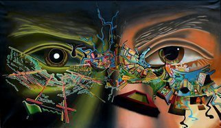 Dave Martsolf, 'The Bridge', 1977, original Painting Oil, 48 x 28  x 2 inches. Artwork description: 5871  The bridge means so many things, between night and day, technology and agrarian life, positive and negative, hope and despair.  martsolf, surreal, surrealism, surrealistic, portrait, man, eyes ...