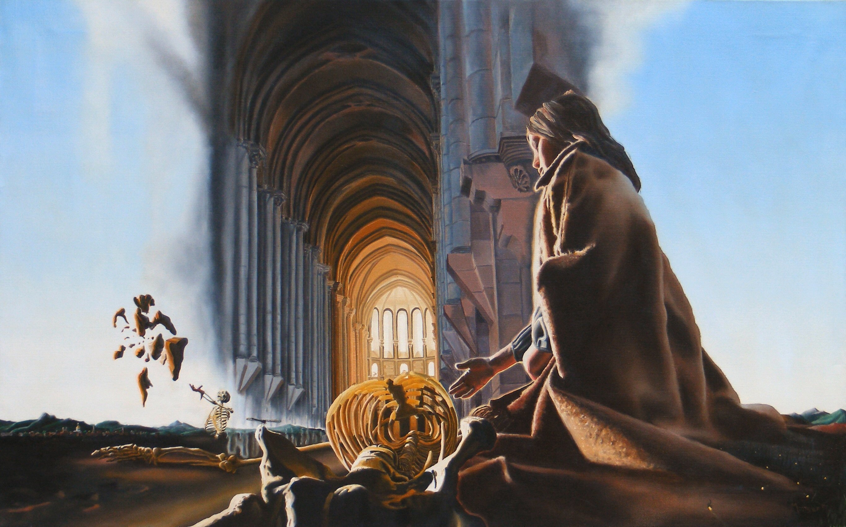 Dave Martsolf, 'The Cathedral', 1979, original Painting Oil, 50 x 31  x 2 inches. Artwork description: 7851  It is said that the body is the cathedral of the soul.  This cathedral is in Alcobaca, Portugal.  martsolf, oil, painting, cathedral, figurative, woman, skeleton, surreal, surrealism, surrealistic...