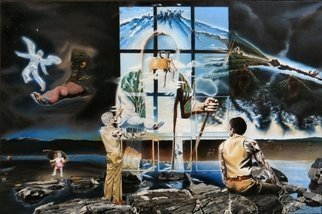 Dave Martsolf, 'Windows Of Allegory', 1979, original Painting Oil, 48 x 32  inches. Artwork description: 5871 The life of the artist against the backdrop of the visages of death.  martsolf, oil, painting, surreal, surrealism, surrealistic, portrait, mystical ...