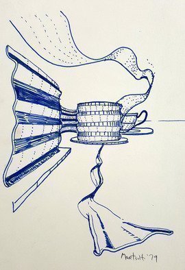 Dave Martsolf, 'Ribbons', 1979, original Drawing Pen, 5.5 x 8  inches. Artwork description: 5079 A close up of a ribbon on a breakfast table with a cup of tea in the background. ...
