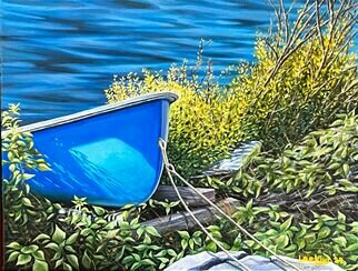 David Larkins; Betsie Bat Blue, 2024, Original Painting Oil, 18 x 14 inches. Artwork description: 241 Walking along Frankfort, Michigan s Betsie Bay is always a favorite of ours. A dingy sits along the shore, what a contrast of blues dancing around ...