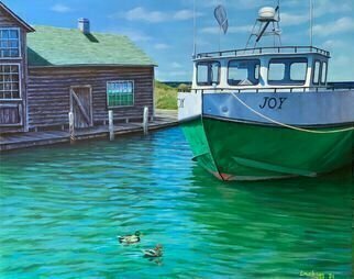 David Larkins; The Joy Of Summer, 2021, Original Painting Oil, 20 x 16 inches. Artwork description: 241 Leland or Fishtown is one of favorite places in Michigan The fish tug  Joy  docked after another days catch with Lake Michigan visible in the background.I loved painting the play of green and blue hues, it all helps to say that summer is here ...