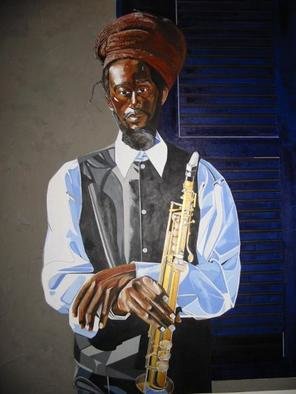 Dennis Duncan; BLEU ON BROAD STREET, 2003, Original Painting Acrylic, 48 x 60 inches. Artwork description: 241 Bleu On Broad St.48x60Acrylic/ Mixed- MediaBleu is one of the local street performers, along the Avenue of the Arts on Broad St. ,  Philadelphia, Pennsylvania. USA...