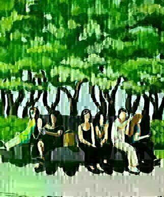 Denise Dalzell, 'Conversation', 2021, original Painting Acrylic, 20 x 24  x 1 inches. Artwork description: 2307 A scene of several conversations on a park bench in New York City, Summer 2019. ...