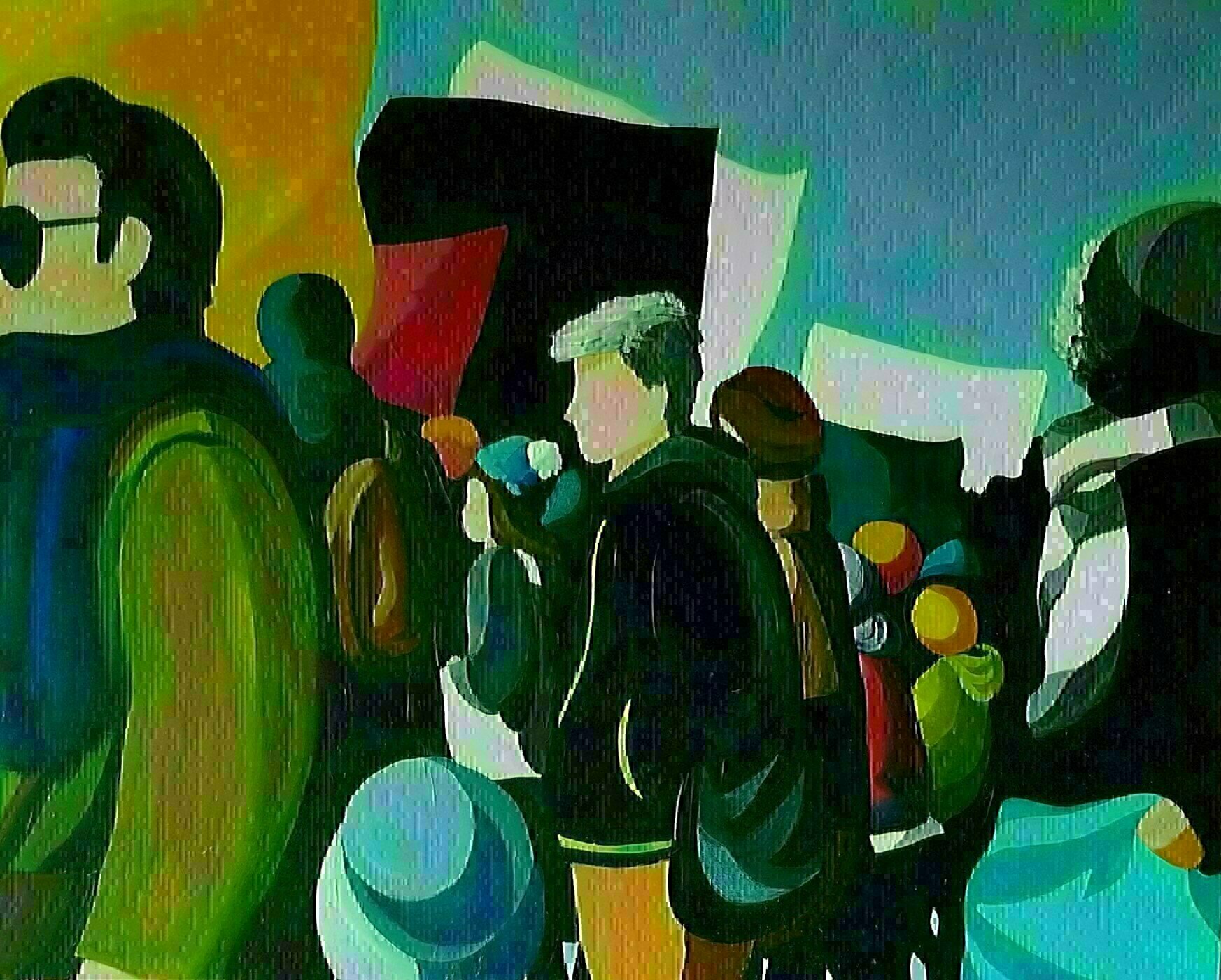 Denise Dalzell, 'Spectators', 2019, original Painting Acrylic, 30 x 24  x 2 inches. Artwork description: 3495 painting, spectators, illustration, expressionism, pop art, modern, realism, people, protestA scene of a protest passing through a crowd of spectators. ...