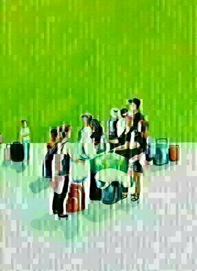 Denise Dalzell, 'Travelers', 2022, original Painting Acrylic, 18 x 24  x 1 inches. Artwork description: 2307 A group of travelers waiting to set out on their vacation, New Yrk City, Summer 2019...