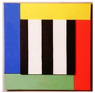 Jerry Reynolds; Primary Eveloution, 1988, Original Painting Acrylic, 53 x 53 inches. Artwork description: 241  This formalist painting explores the evolution of the idea of primary colors from a black and white beginning to the modernist addition of green. ...