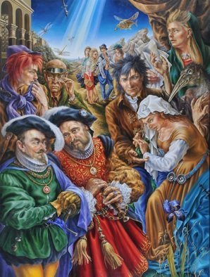 Alexander Donskoi; Artist And Merchants, 2015, Original Painting Oil, 107 x 142 cm. Artwork description: 241  i? 1/2The Artist and Merchants i? 1/2, oil on canvas142cm x 106,6cmThis painting represent the complicated, contradictory relationships between the artist and merchandisers.The Artist in my painting represent a Prophesier, foreteller, anticipator, sensor who is able to see the events that ordinary people not able to see in ...