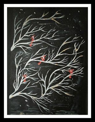 Sneha Joshi; White Tree With Red Birds, 2018, Original Painting Acrylic, 16 x 25 inches. Artwork description: 241 A beautiful black painting with 3D tube work in the base. White tree branches with red birds. Slight snow in the backdrop. ...