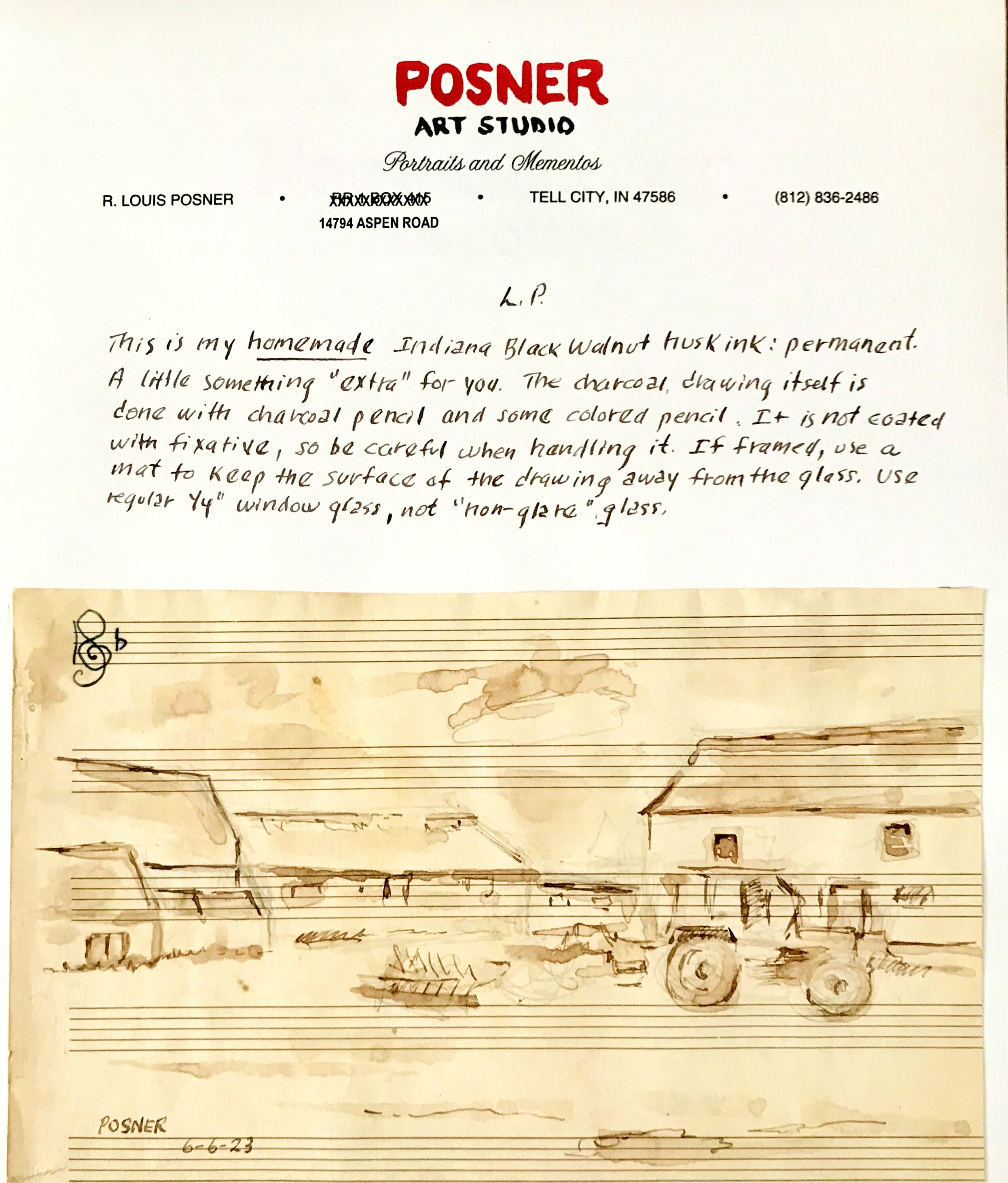 Lou Posner; Ltr To Sam Harris With Drawing, 2023, Original Drawing Ink, 8.5 x 11 inches. Artwork description: 241 Dip pen and homemade walnut husk ink, text plus drawing of a farm buildings scene on old music paper with blue pen clef signature.  Collection Sam Harris. ...