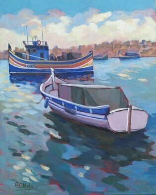 Edward Abela; Maltese Boats, 2018, Original Painting Acrylic, 20 x 16 inches. Artwork description: 241 Maltese fishing boats at Marsaxlokk harbour in the blue mediterranean...