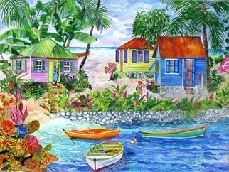 Eileen Seitz; Bungalows On Sandy Cove, 2015, Original Giclee Reproduction, 30 x 22 inches. Artwork description: 241 3 Beach houses along a tropical Cove...