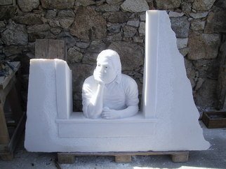 Andrew Wielawski; Mykonian Man, 2008, Original Sculpture Stone, 125 x 100 cm. Artwork description: 241  Mykonian man wants to know whether he shouild eat his apple, or try to sell it. ...