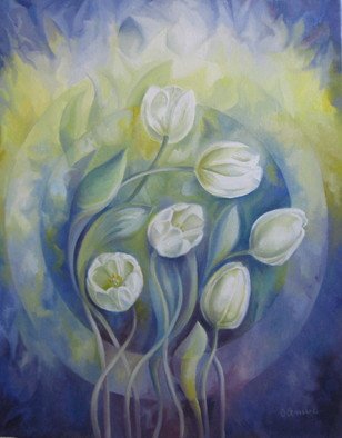 Elena Oleniuc; Spring Symphony, 2009, Original Painting Oil, 40 x 50 cm. Artwork description: 241  flowers, tulips, spring, blue, yellow, canvas, oil, painting, white, art ...