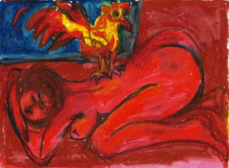 Elena Rein; Woman And Rooster, 1998, Original Pastel Oil, 11 x 8 inches. 