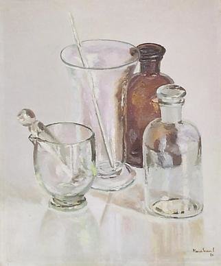 Maria Teresa Fernandes; Chemistry And Brown, 1970, Original Painting Oil, 18 x 22 inches. Artwork description: 241   painter raised in dad's drugstore lab among glasses and bottles ( this painting has a bronze medal at the important SPBA( Salao Paulista)   glass against a clear background is a big challenge to any painter                   ...