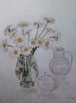 Maria Teresa Fernandes; Daisies, 1978, Original Painting Oil, 22 x 29 inches. Artwork description: 241  every delicate petal is different, in hues, shades, nuances, focus, never a rubber stamp painting. Requires much love to paint   glass against a clear background is a big challenge to any painter                 ...