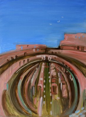 Evgeniya Komarova; Colosseum, 2017, Original Painting Oil, 32 x 14 inches. Artwork description: 241  pigeons, pink, sky, blue, Colosseum, the ruins, flight ...