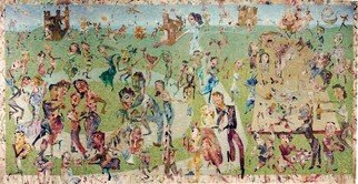 Stephen Fessler; The Wedding Feast, 2010, Original Painting Acrylic, 176 x 84 inches. Artwork description: 241    All eat and drink, dance, play, and make music, sit at the banquet board for the feast.  Everyone is part of the wedding on the green grass in the open air.                        ...