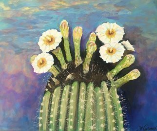 Maria Karlosak; Cactus Flower, 2019, Original Painting Acrylic, 20 x 16 inches. Artwork description: 241 This original hand made acrylic painting on 16  x 20  gallery wrapped canvas by Maria Karlosak artist. Saguaro Cactus flower is Arizona State Flower and a blossom was adopted az the territorial flower- state flower...