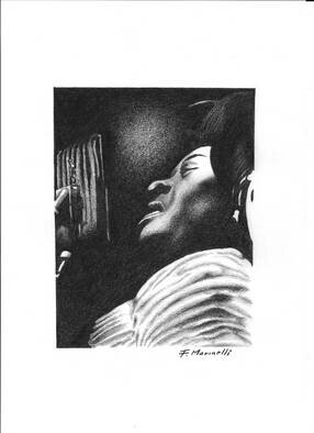 Francesco Marinelli; Blues Singer, 2021, Original Drawing Charcoal, 210 x 297 mm. Artwork description: 241 Blues singer...