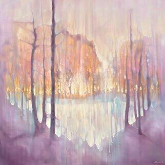 Gill Bustamante; The Thin Place Beckons, 2023, Original Painting Oil, 48 x 48 inches. Artwork description: 241 The Thin Place Beckons is a very large semi- abstract original oil painting showing deer gathering beyond a lake in a heart shaped forest at twilight. It is 48x48x1. 5 inches. It was made with liberal amounts of white, golden yellow, peach and purple paint with cyan ...