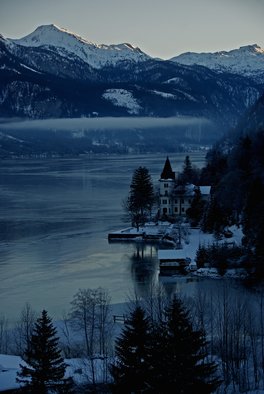 Glen Sweeney; Cold Light Of Day 1, 2007, Original Photography Color, 36 x 53 cm. Artwork description: 241 The cold blue light of a winter s dawn over Grundlsee in Austria. Lake, Grundlsee, Austria, mountains. ...