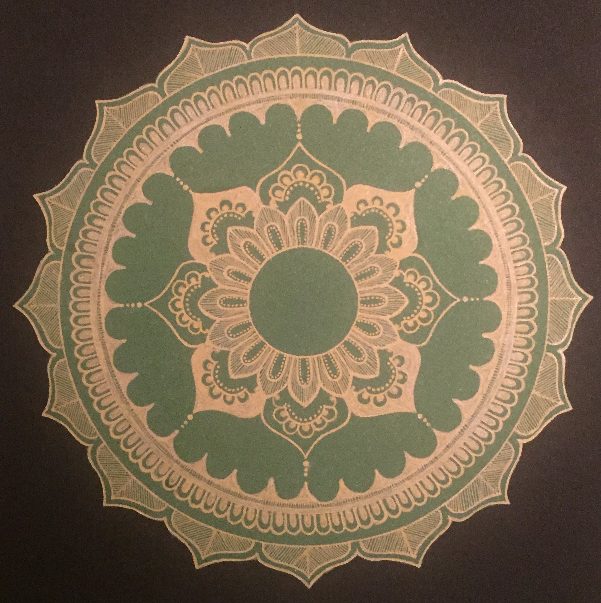 Rabina Byanjankar Shakya; Golden Lotus, 2017, Original Painting Other, 210 x 297 mm. Artwork description: 241 Golden lotus cut out Mandala. Hand drawn using gold color gel pen on green metallic sheet cutout and pasted on black A4 size paper. Color green is associated with health, prosperity, and harmony. Gold represents wealth, success and status. ...