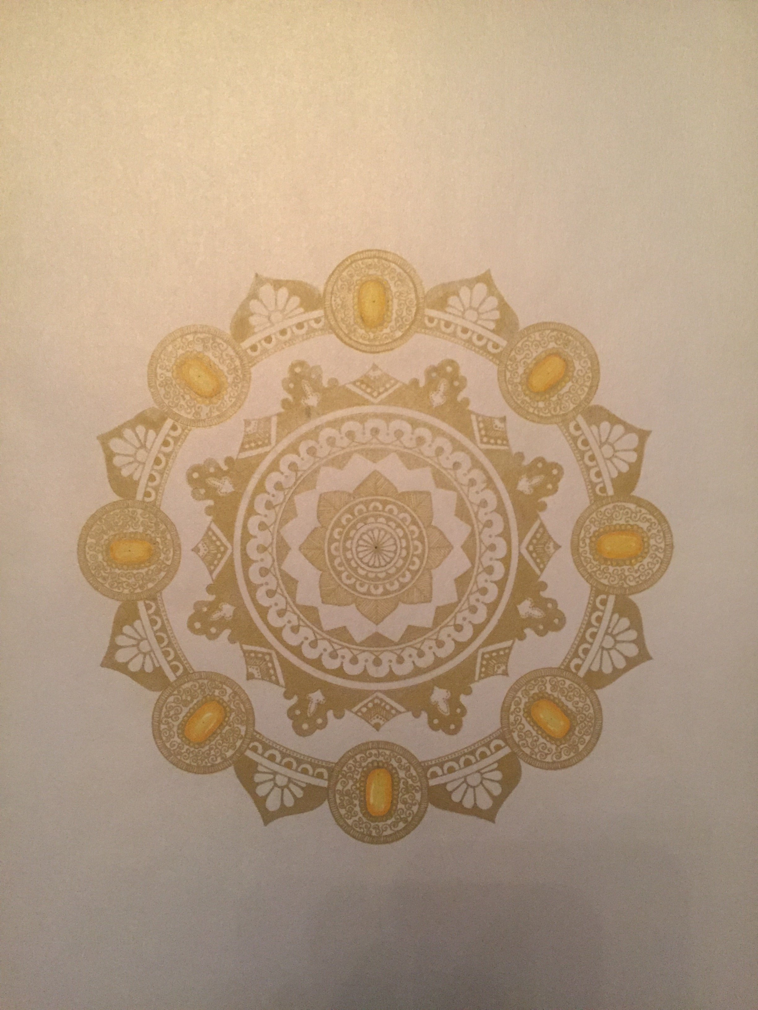 Rabina Byanjankar Shakya; Heavenly Jewel, 2017, Original Painting Other, 210 x 297 mm. Artwork description: 241 The mandala is made with gold gel pen on white glittery metallic paper. The paper size is A4. Frame is not included in the price. White is often considered a pure and heavenly. The mandala has been inspired by the several depiction of heaven as per Buddhist ...