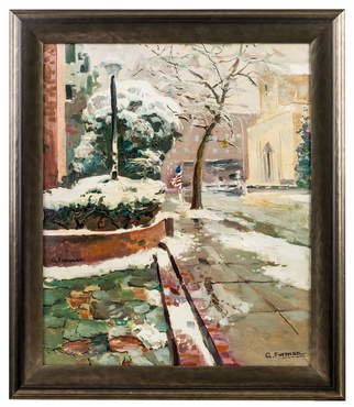 Gregori Furman; Snow, Stars And Stripes, 2014, Original Painting Oil, 16 x 30 inches. Artwork description: 241  Frosty American Street ...