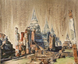 Istvan Gyebnar; Decay, 2010, Original Painting Oil, 70 x 60 cm. Artwork description: 241    ruines city decay ancient culture buddhism    ...