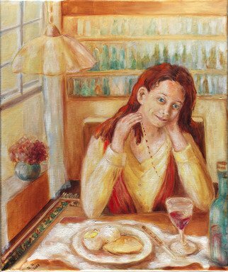 Hana Grosova; Dreaming Girl, 2005, Original Painting Oil, 19.3 x 23.2 inches. Artwork description: 241  This picture shows the dreaming girl  sitting by the table. On the table there is one plate with food and there you can see also one bottle and one glass with drink. ...