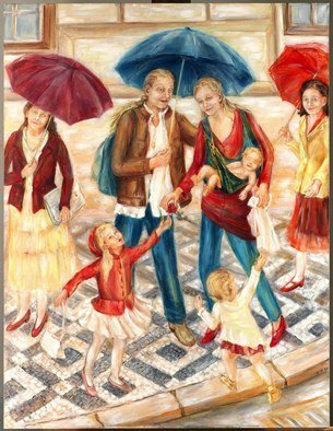 Hana Grosova; Madona With Umbrella, 2009, Original Painting Oil, 116.7 x 152.2 cm. Artwork description: 241  Young mother with her family and two ladies around situated in Prague street. ...