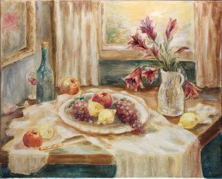 Hana Grosova; Still Life With Lilies, 2005, Original Painting Oil, 32.3 x 26.2 inches. Artwork description: 241  This picture shows fruit, bottle with glasses and lilies in the pot situated on the table. The whole scene is glittering by the light coming from the window. ...