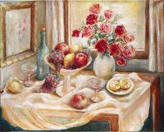 Hana Grosova; Still Life With Roses     , 2007, Original Painting Oil, 32.3 x 26.2 inches. Artwork description: 241  This picture shows fruit, glasses with bottle and the vase with roses. Everything is situated on the table. ...