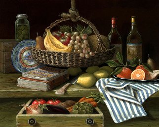 Nicolo Sturiano; Farm Fresh, 2018, Original Giclee Reproduction, 24 x 20 inches. Artwork description: 241 H. Hargrove has created a glorious still life featuring a century old farm table topped with farm fresh, locally grown vegetables, a hand- woven basket filled with delicious fruit and the tried and true cookbook filled with favorite recipes that have been used year after year. ...