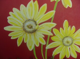 Helen Hachmeister; Yellow Flowers, 2008, Original Painting Acrylic,   inches. Artwork description: 241  yellow daisies with red background ...