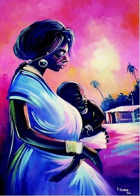 Henry Anaje; MOTHER AND CHILD, 2003, Original Painting Oil, 8.3 x 14 inches. Artwork description: 241  THE LOVE OF A MOTHER FOR A CHILD ...